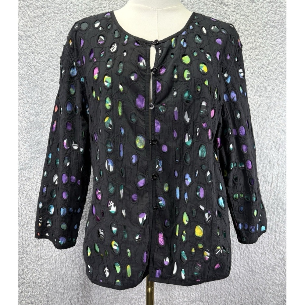 Parsley & Sage Women Medium Black Cutout Jacket Top Colorful Artsy Boho Cotton